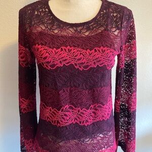 Women’s Long Sleeve Lace Top Ombré Berry Stripe Bell Sleeve XS NWOT